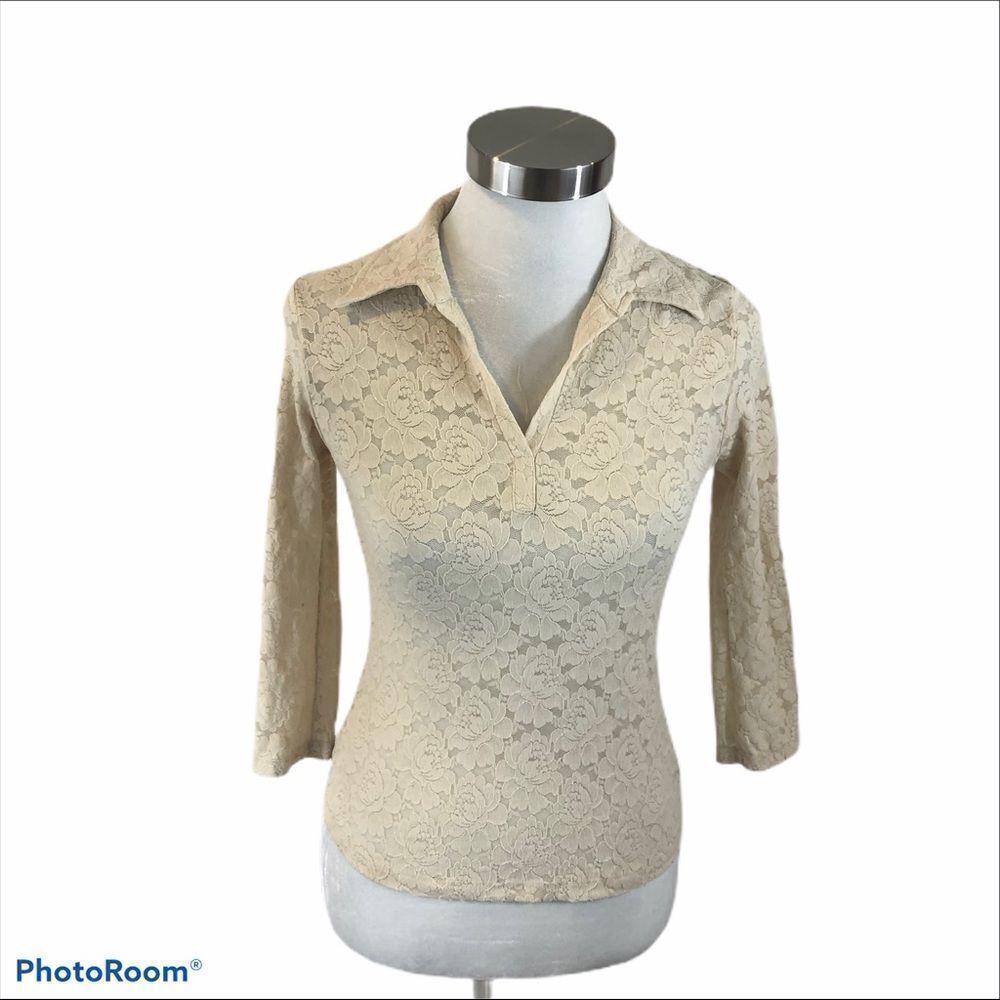 Wet Seal Cream Colored Sheer Lace‎ Collared Blouse
